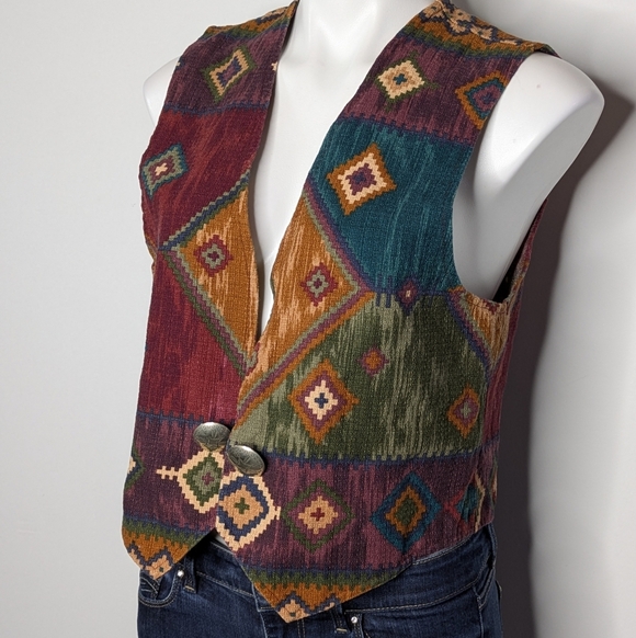 Vintage Cactus Flower Red Yellow Western Aztec Sleeveless Open Vest Cardigan L - Picture 2 of 9